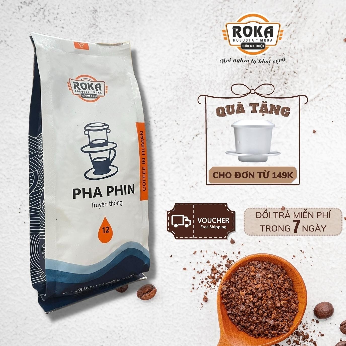 Cà Phê Pha Phin Rang Xay Nguyên Chất, Vị Đậm Đà Thơm Dịu, Gu Truyền Thống - Roka Phin Gói 500Gr