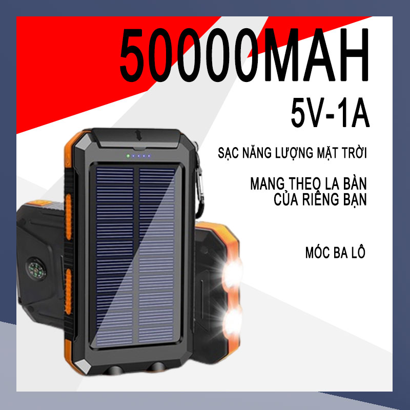 Pin dự phòng năng lượng mặt trời 50000mAh Năng lượng mặt trời ngoài trời Chống nước 100% chính hãng Pin ngoài Ngân hàng năng lượng mặt trời Đèn LED