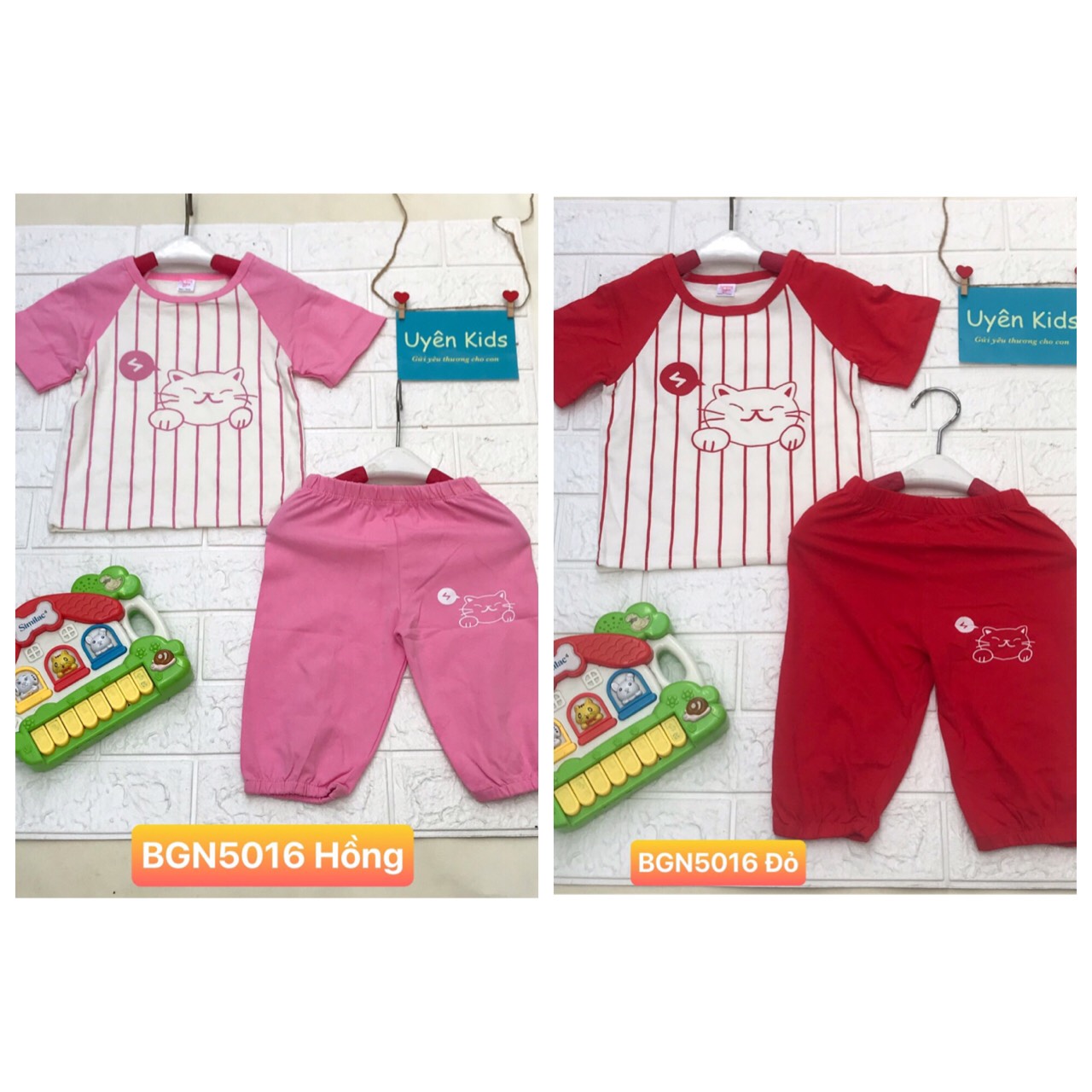 Bộ đồ thun bé gái hình mèo dễ thương áo croptop phối quân ngố bo lai cho bé 8-24kg
