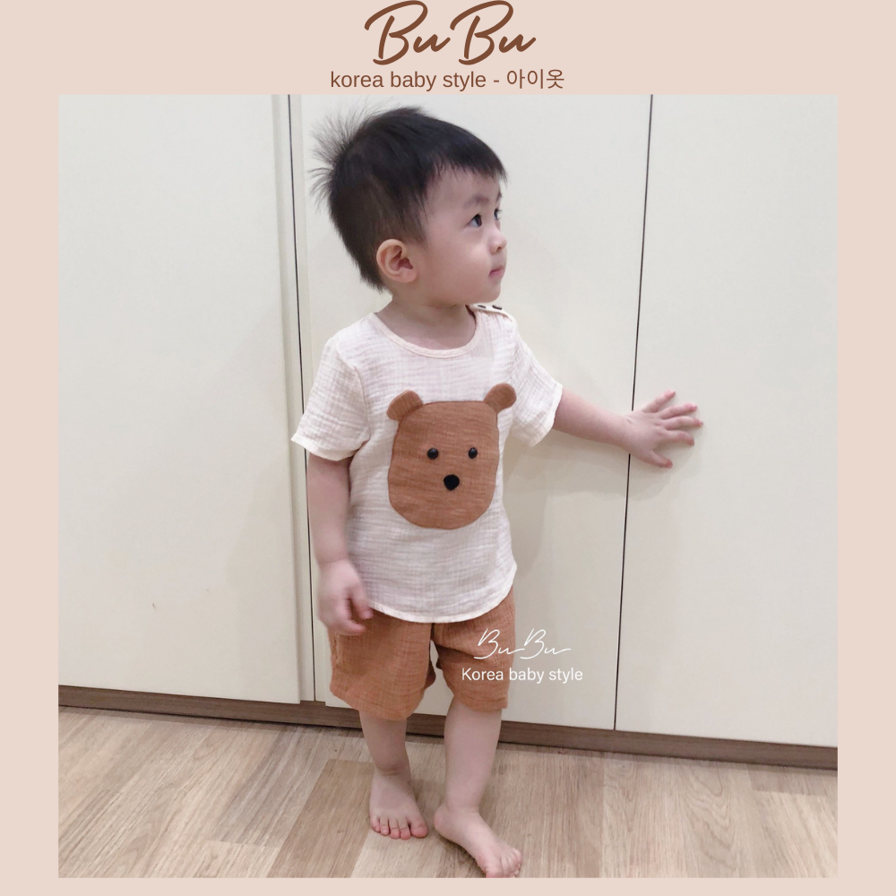 Set cộc tay gấu nâu dễ thương cho bé chất xô muslin thấm hút ❤️ hàng thiết kế bubu