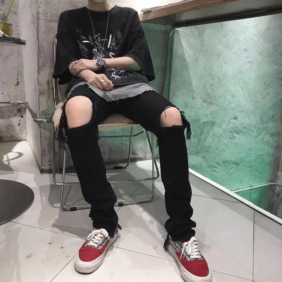 ( Jean co giãn)Quần Jean Nam Đen Rách Gối Khóa Ống Hàn Quốc ( kèm zip)