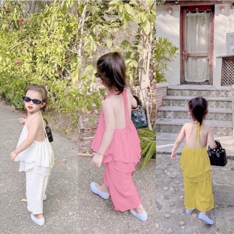 Set áo yếm và quần ống rộng vải dập ly cho bé gái - 3 màu sắc thời trang