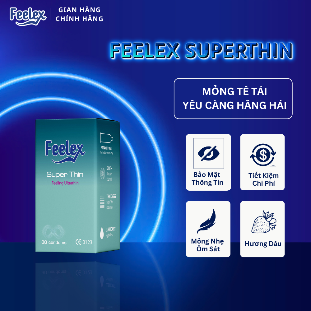 Bao cao su nam gia đình Feelex Super Thin siêu mỏng siêu trơn, hương dâu, vani, hộp 30 chiếc