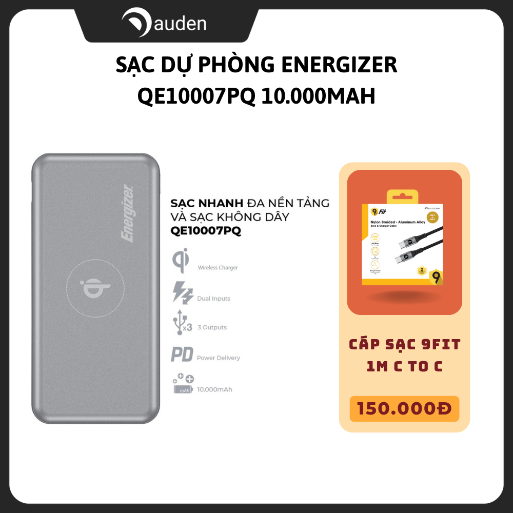 Sạc dự phòng Energizer QE10007PQ  10,000mAh - Tích hợp sạc không dây & Sạc nhanh đa nền tảng - Dâu Đen Store