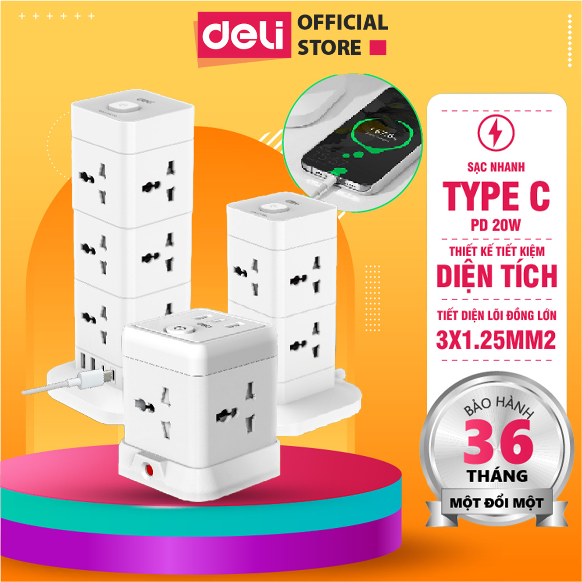 Ổ Cắm Điện Đa Năng Cao Cấp DELI: Thiết Kế Hình Vuông Độc Đáo, Tích Hợp Cổng Sạc Nhanh PD 20W Type-C, Tự Động Ngắt Điện Khi Quá Tải Để Đảm Bảo An Toàn, Công Nghệ Chống Cháy Nổ Tiên Tiến Cho Sử Dụng Lâu Dài Và An Tâm