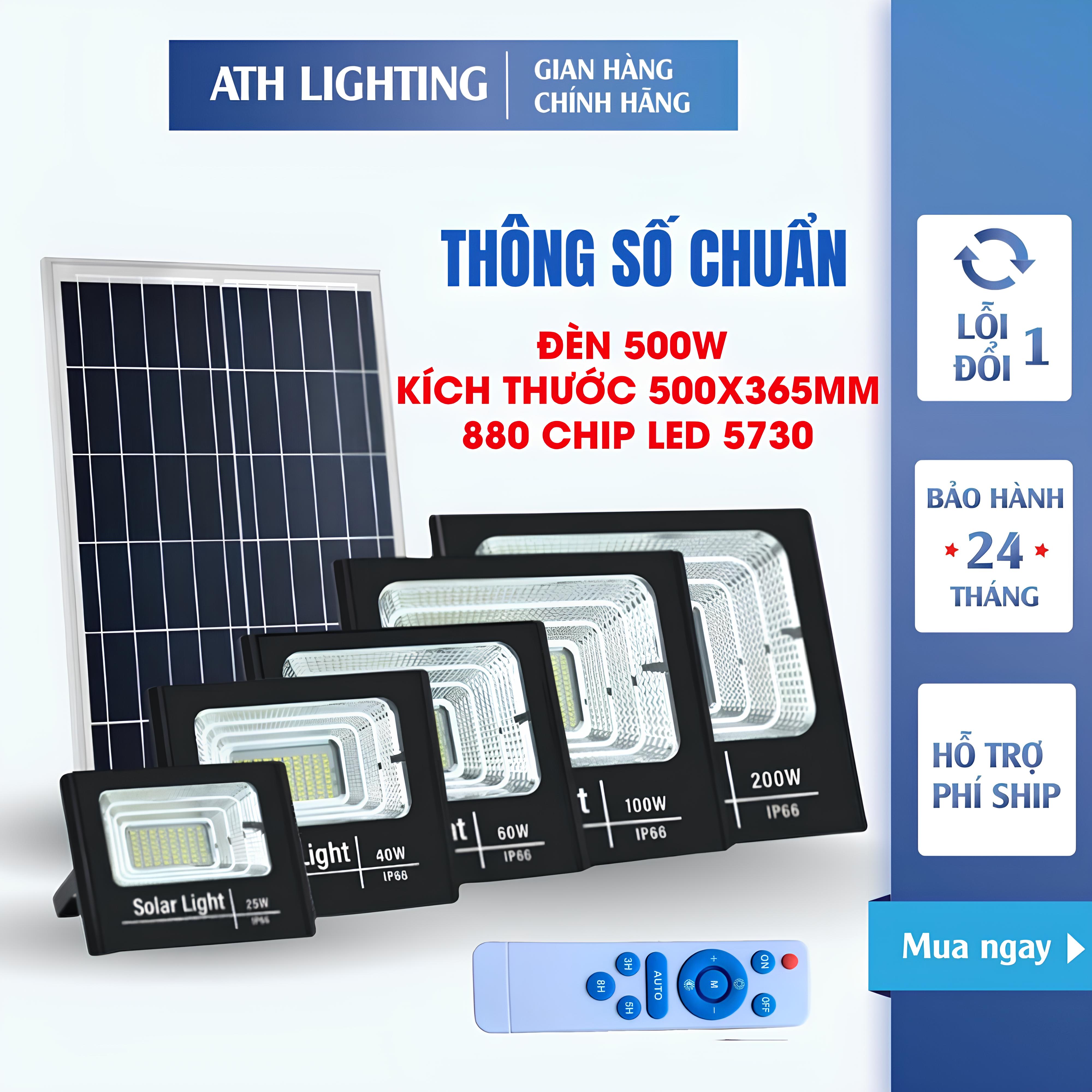 Đèn Năng Lượng Mặt Trời ATH LIGHTING Siêu Sáng Loại Pha Thế Hệ Mới 60W100W200W300W Có Điều Khiển Từ Xa Bảo Hành 2 Năm