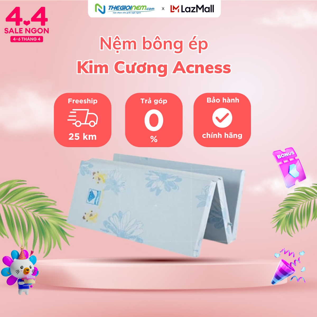 Nệm bông ép Kim Cương Acness nâng đỡ tối ưuthông thoáng. (Nhiều màu)-Bảo hành 10 năm.