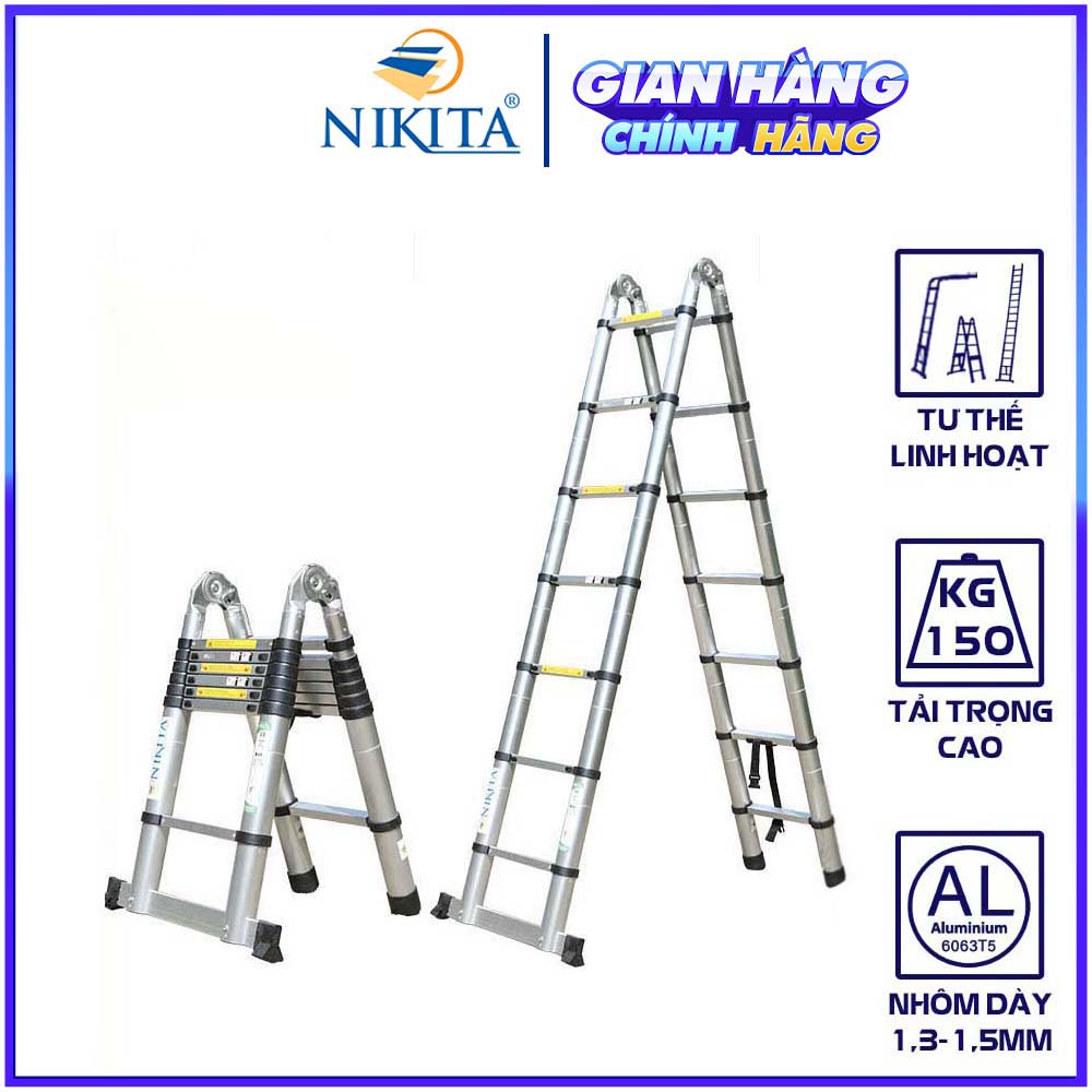 Thang rút gọn chữ A thông minh - Thang nhôm rút đôi - Thang cao cấp đa năng AI 8 m - Hàng tiêu chuẩn Châu Âu - Chính hãng NIKITA