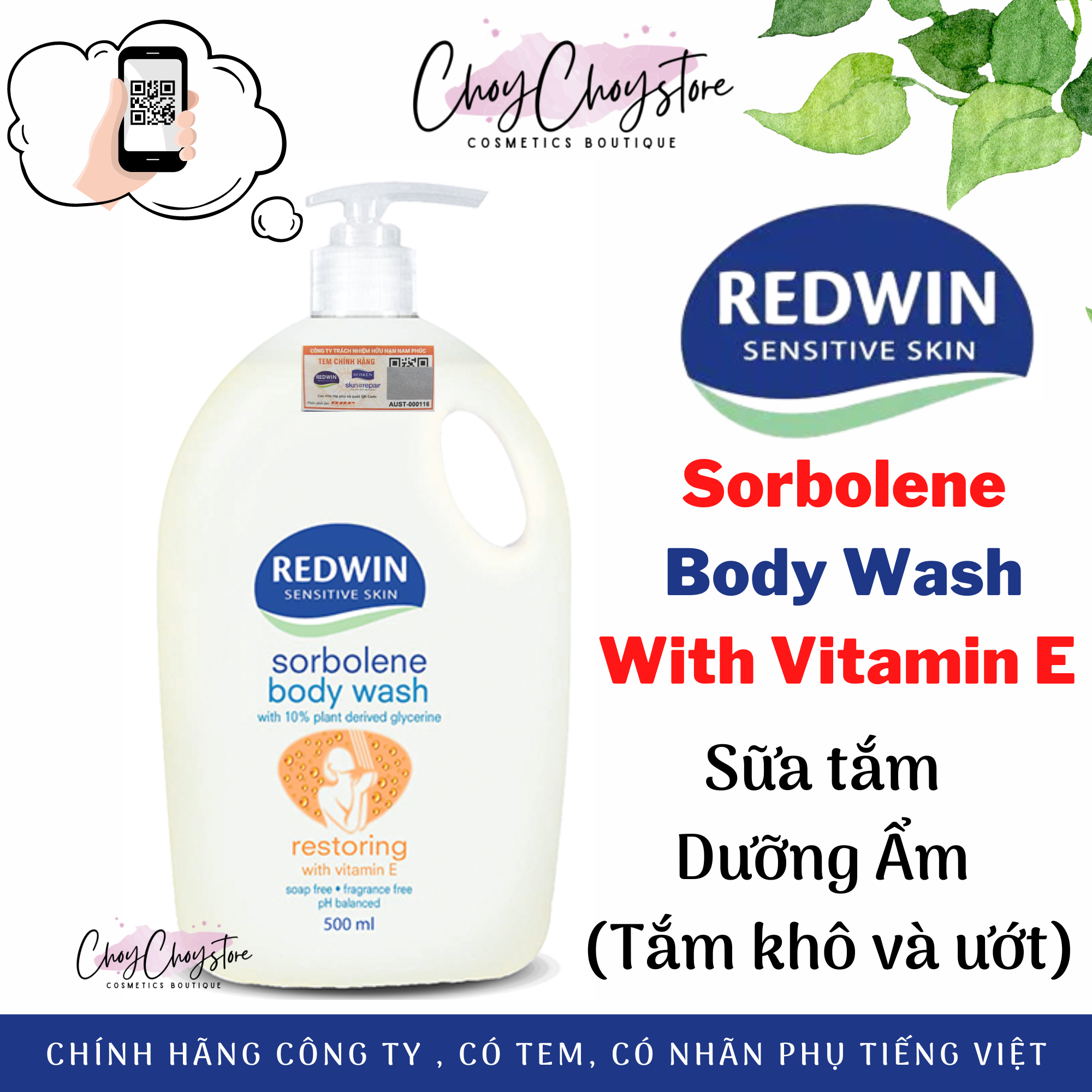 Sữa Tắm Redwin Sorbolene Body Wash With Vitamin E 500mL & 1 L Sữa Tắm Dưỡng Ẩm (TEM CTY)
