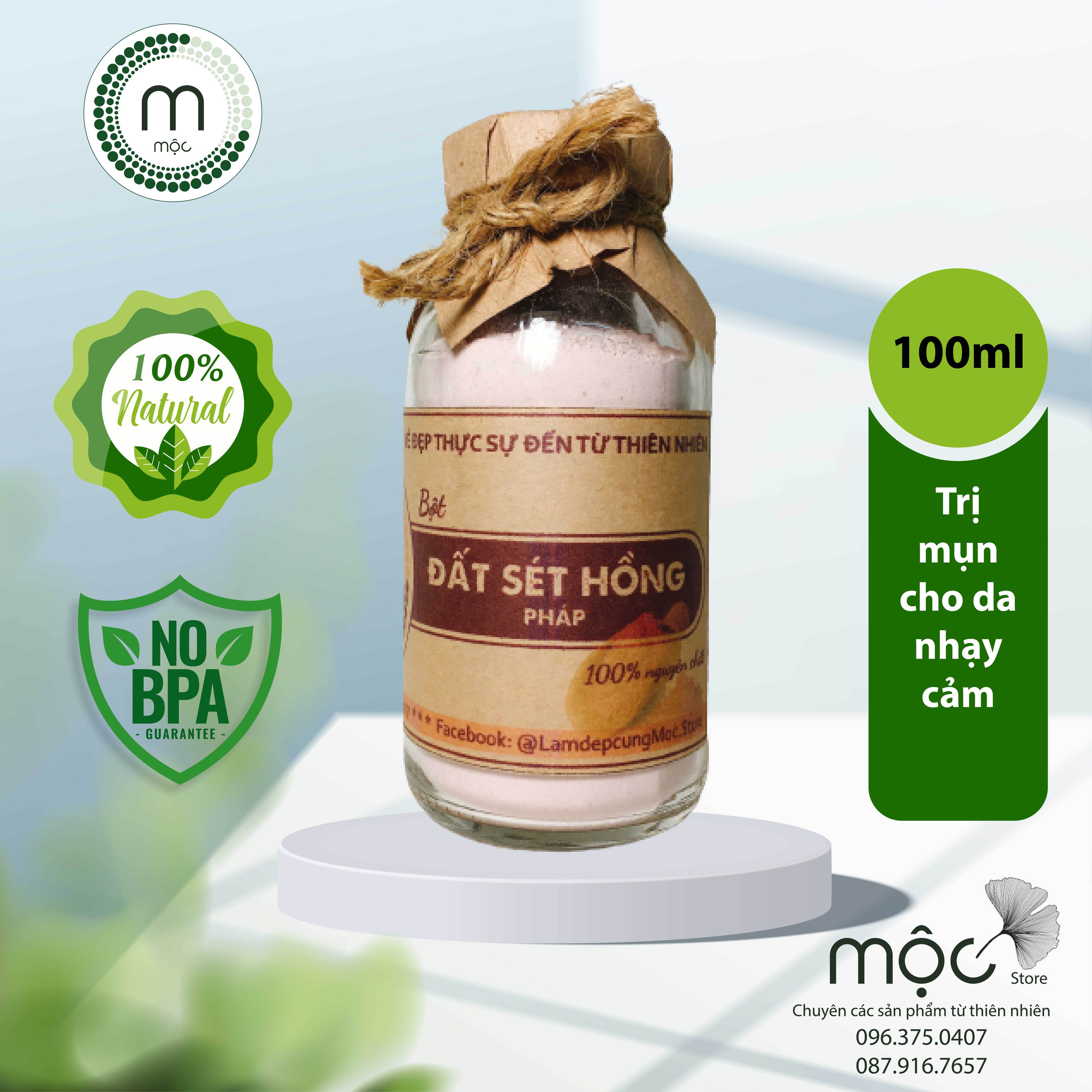 Bột Đất Sét Hồng nguyên chất MỘC thiên nhiên đắp mặt nạ nguyên chất dưỡng da trắng hồng sạch mụn thích hợp cho da khô nhạy cảm túi 10g dùng thử và chai 100ml