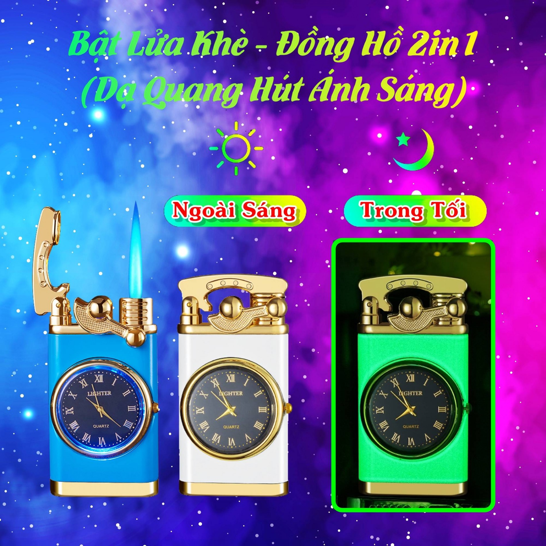 Hộp quẹt bật lửa khè đồng hồ 2in1 búng tay đánh lửa cf888 dạ quang hút ánh sáng