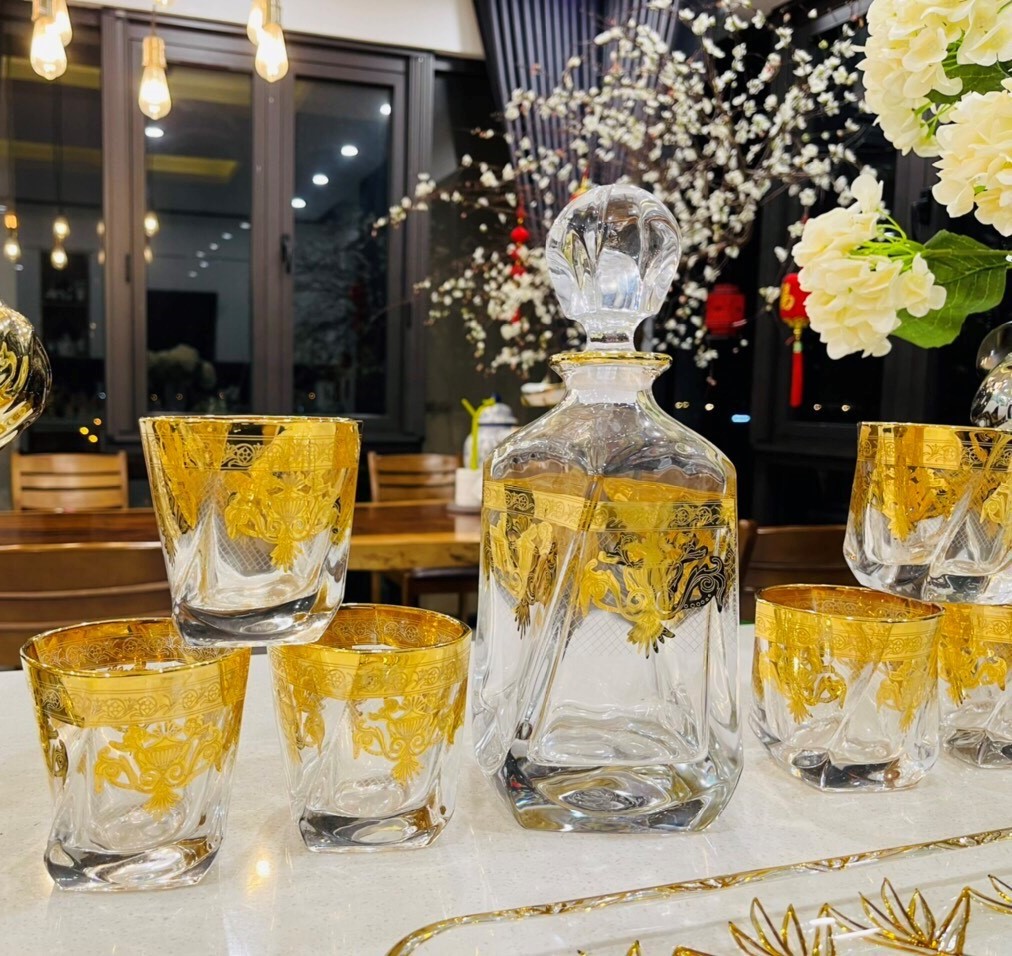 Bộ bình cốc đựng whiskey pha lê 7 chi tiết fengshui luxury - wk94, pha lê cao cấp vẽ vàng 24k