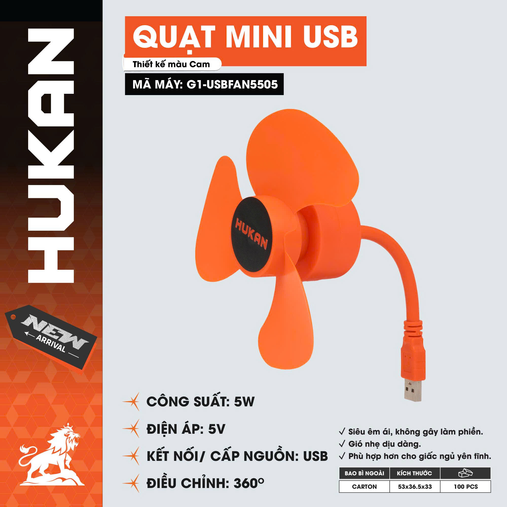 Quạt Mini Cắm USB HUKAN G1-USBFAN5505 | Công Suất 5W - Xoay 360° |Quạt Để Bàn Làm Mát Laptop, Văn Phòng,...