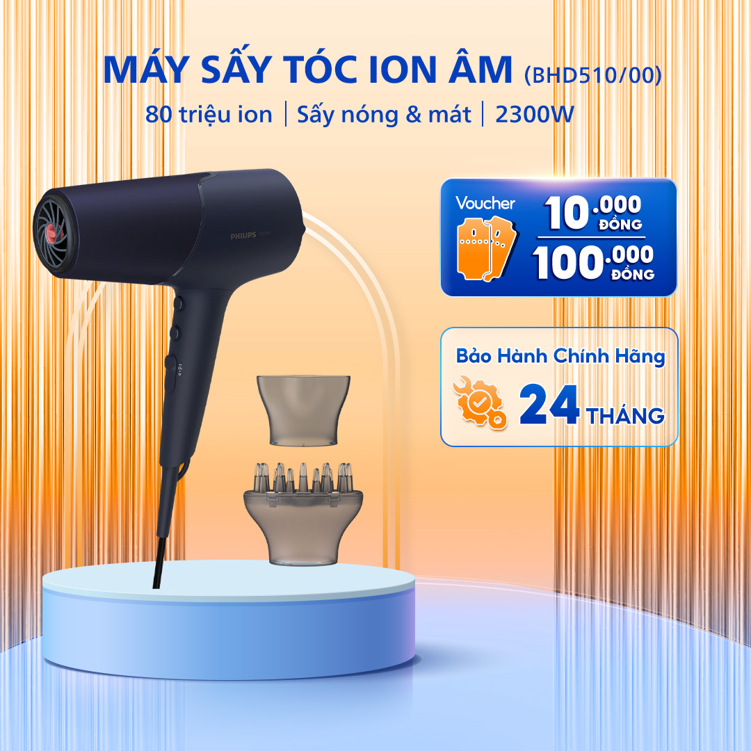 Máy Sấy Tóc PHILIPS Series 5000 BHD510/00, Bổ Sung 80 Triệu Ion Âm Bảo Vệ Tóc, Công Suất 2300 W, Bảo Hành Chính Hãng 2 Năm