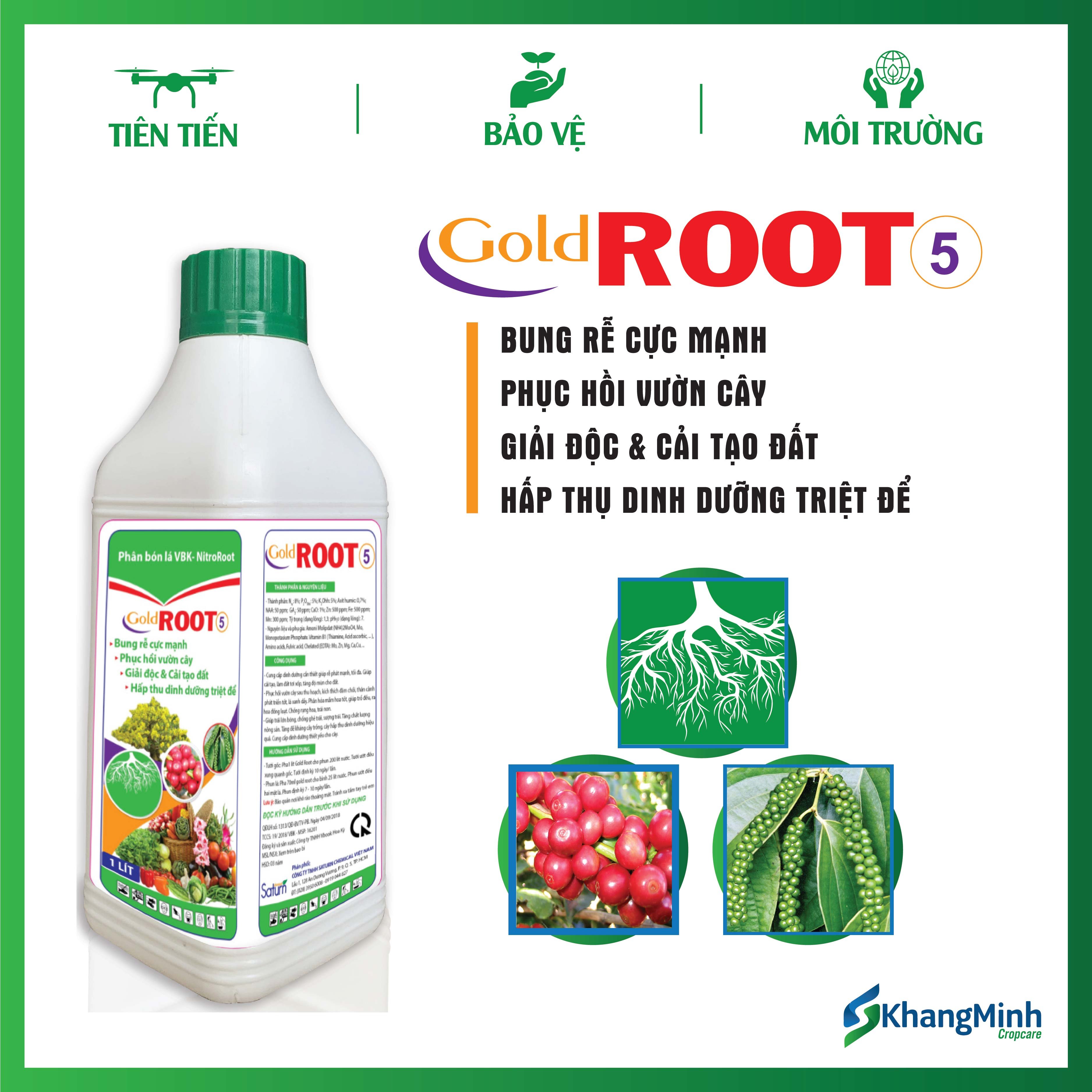 Phân bón Gold Root 1 lít giúp rễ phát triển mạnh, tối đa, giúp cải tạo, làm đất tơi xốp, tăng độ mùn cho đất - phục hồi vườn cây sau thu hoạch