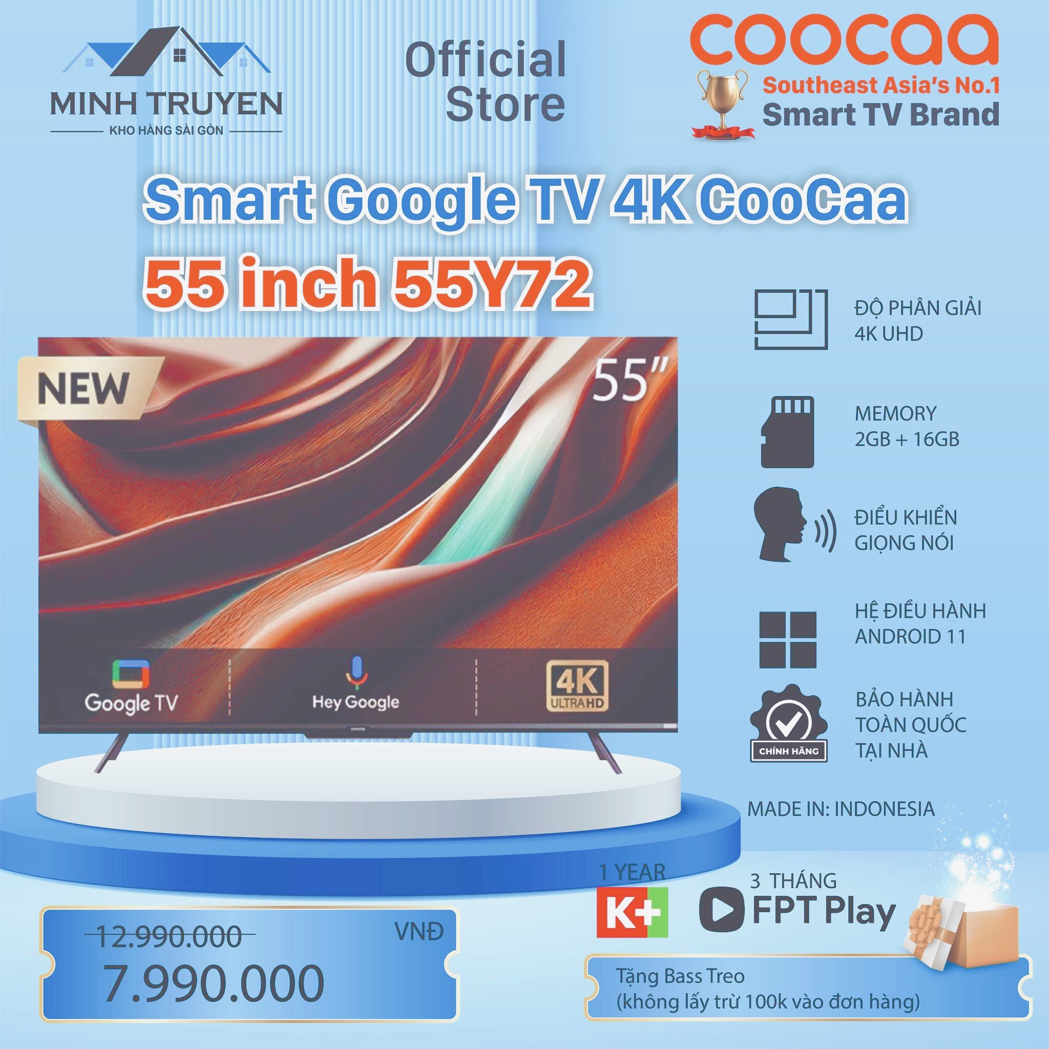Google tv tivi coocaa 4k 55 inch 55y72 - chính hãng 100%