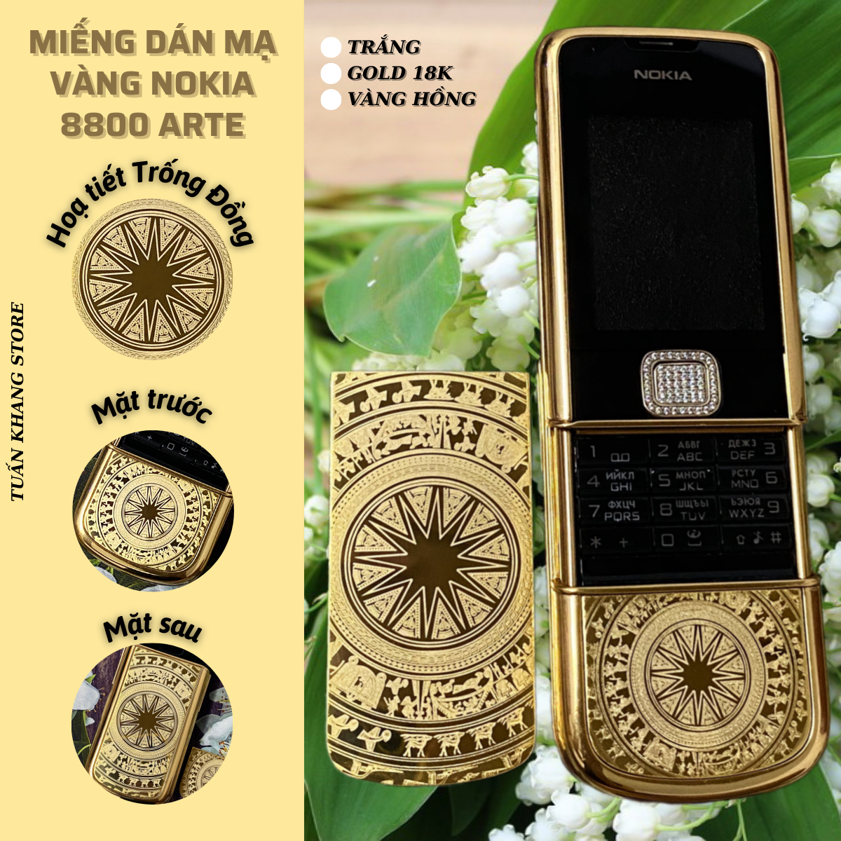 Miếng dán nokia 8800 arte mạ vàng mẫu trống đồng