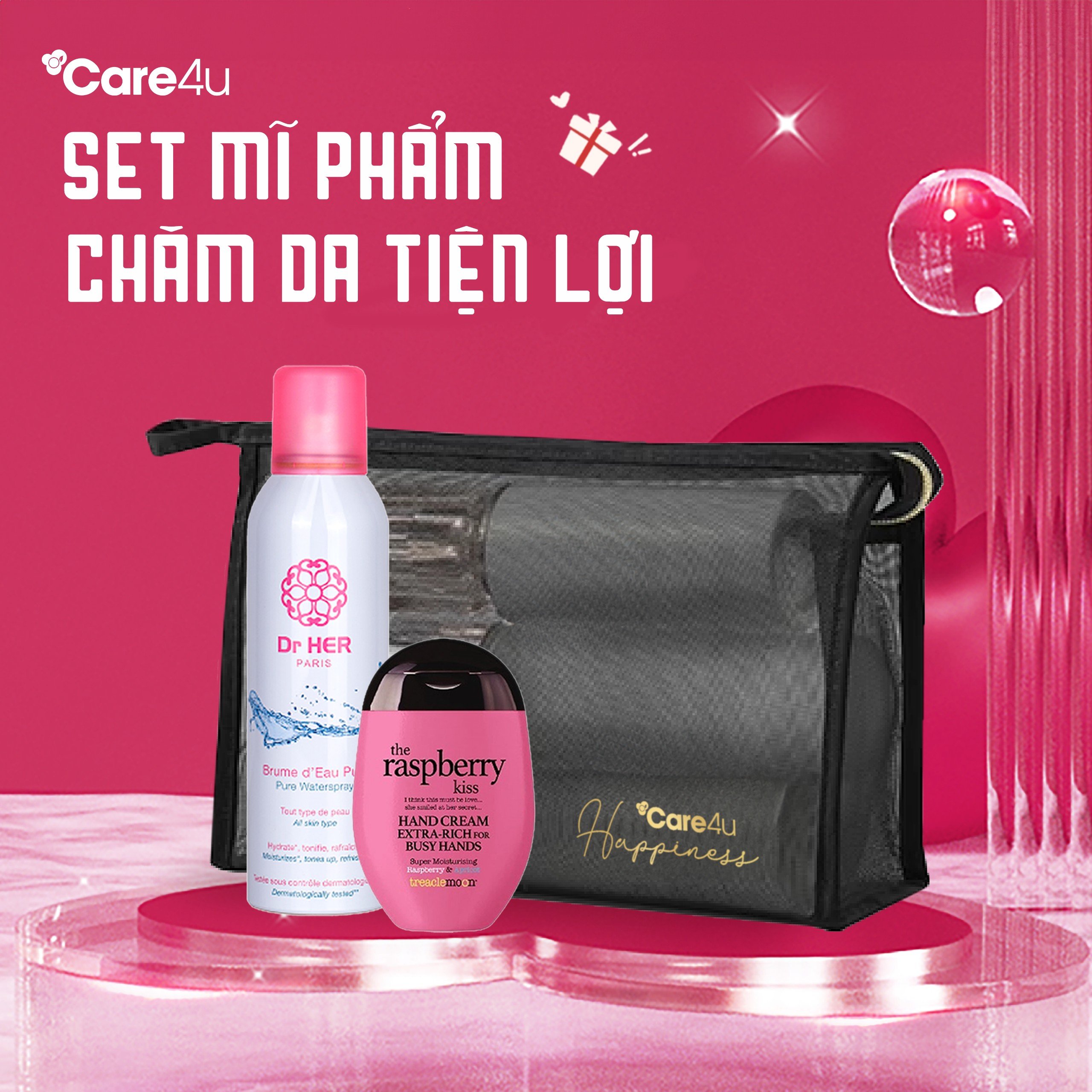 Set quà tặng chăm sóc da Xịt khoáng + Kem dưỡng da tay + Túi đựng đồ trang điểm Care4U