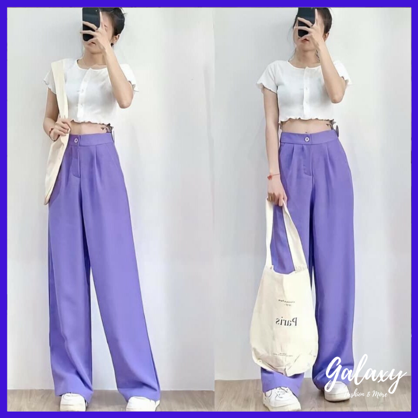 Hot trend! Quần ống rộng culottes vải tuyết mưa suông dài siêu Hot, quần ống suông cạp cao dáng dài 2 màu tím, đen cực trend - Galaxy Store