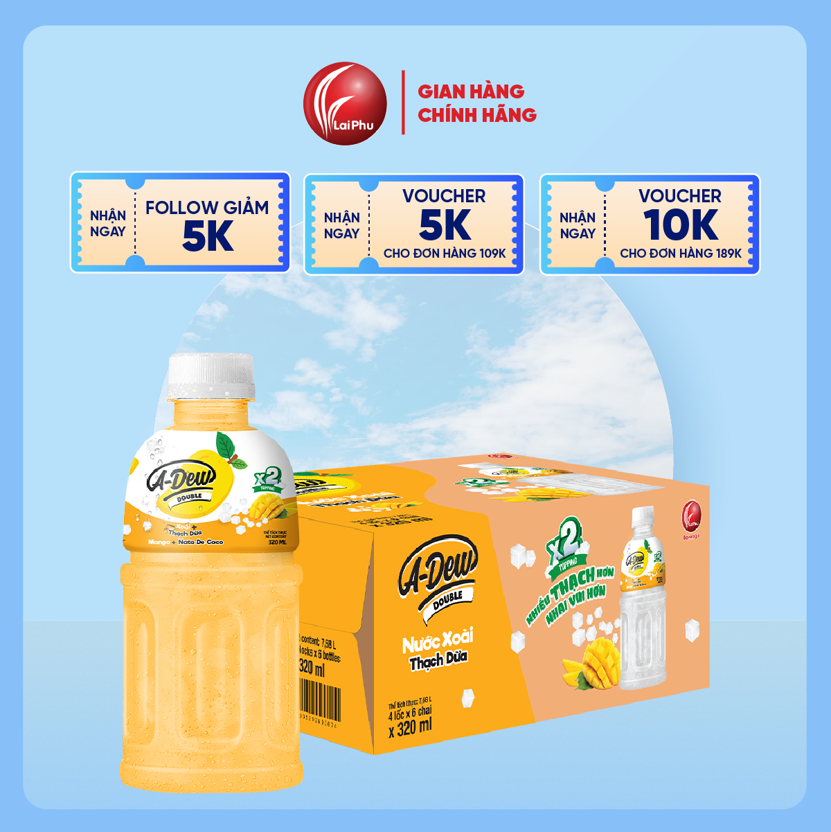 Nước Xoài Thạch Dừa A-Dew Double Chai 320ml - Thùng 24 Chai
