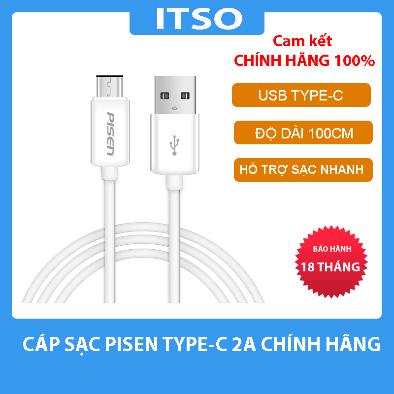 Cáp sạc pisen usb type-c 2a 1m – hàng chính hãng bh 18 tháng
