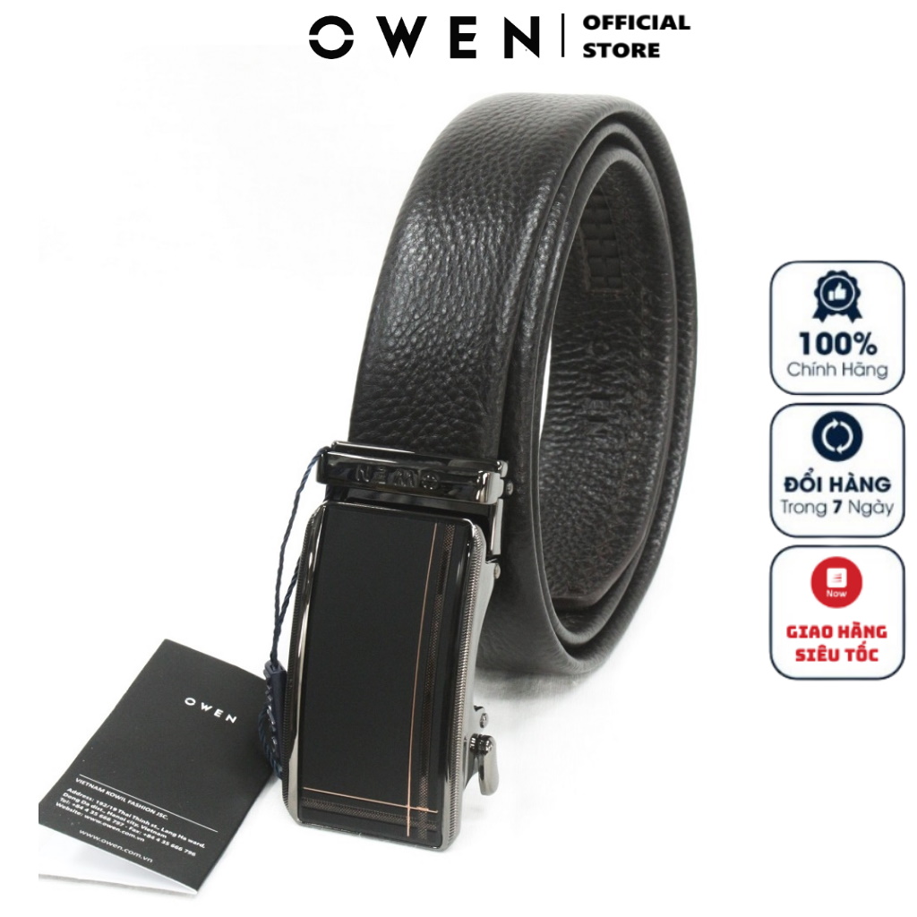 Thắt lưng nam owen belt220601 dây da màu nâu mặt khóa trượt tự động chất liệu da bò thật