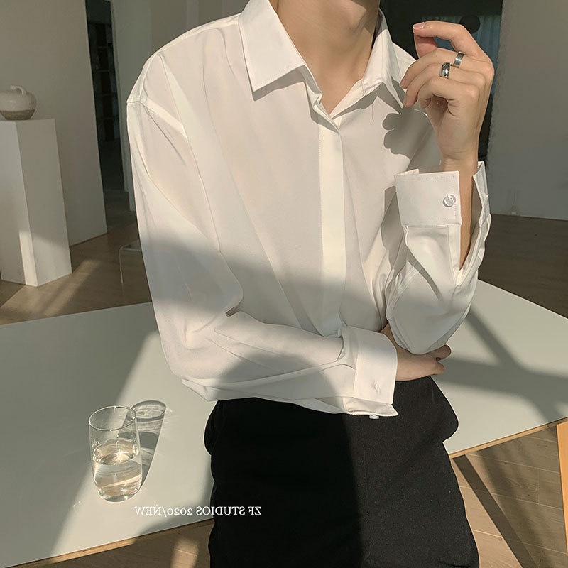 Áo sơ mi nam giấu cúc dài tay unisex, Áo sơ mi dáng suông basic trơn thời trang xuân hè 2022 dễ mặc -