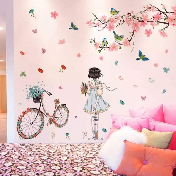 [HCM]DECAL DÁN TƯỜNG CÀNH ĐÀO HỒNG VÀ CÔ GÁI XE ĐẠP