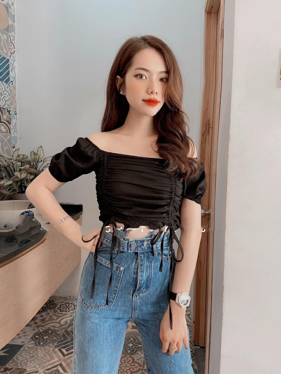 Áo trễ vai rút 2 dây eo - Tay Ngắn - MIN Boutiques - Ảnh thật