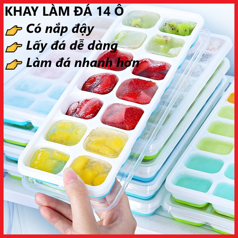 Khay Làm Đá Có Nắp Đậy Silicon 14 Viên, Khay Đựng Đá Tủ Lạnh, Làm Đá Thạch Kem Bảo Quản Chống Mùi Tuyệt Đối