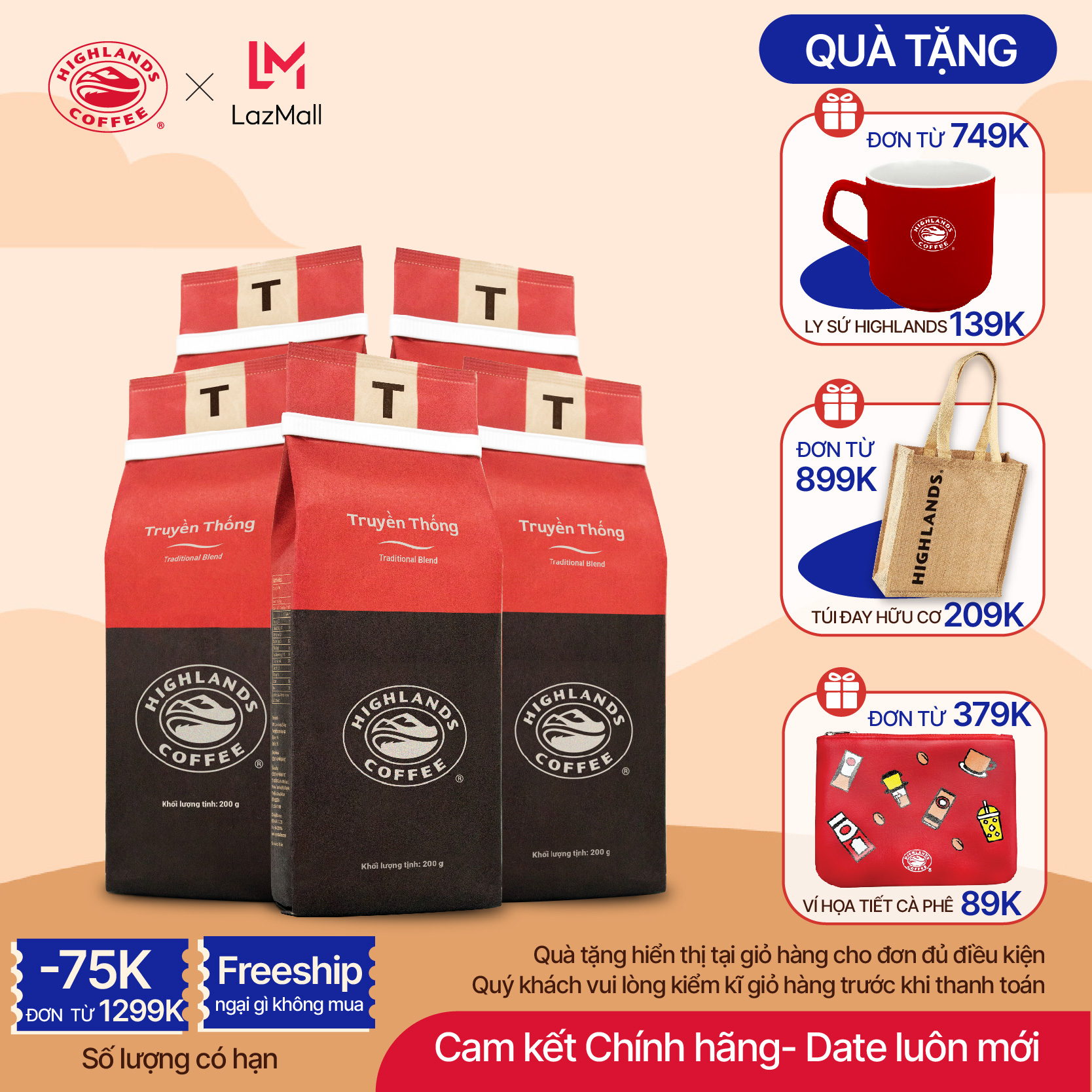 Combo 5 gói cà phê rang xay truyền thống highlands coffee 200g