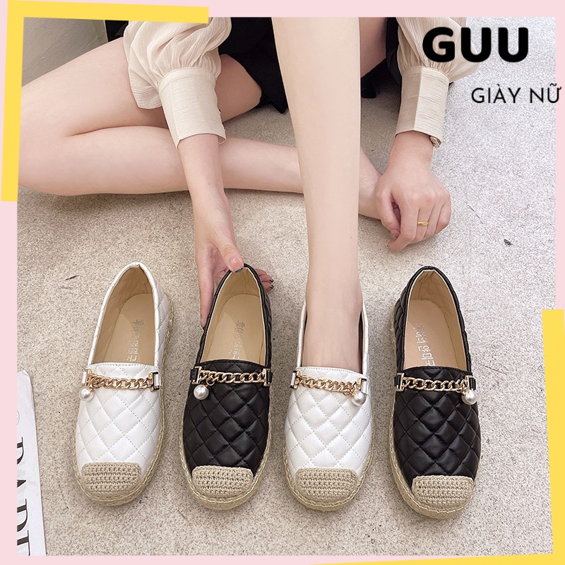 Giày lười nữ da PU bọc cói màu đen, màu trắng. giày slip on nữ