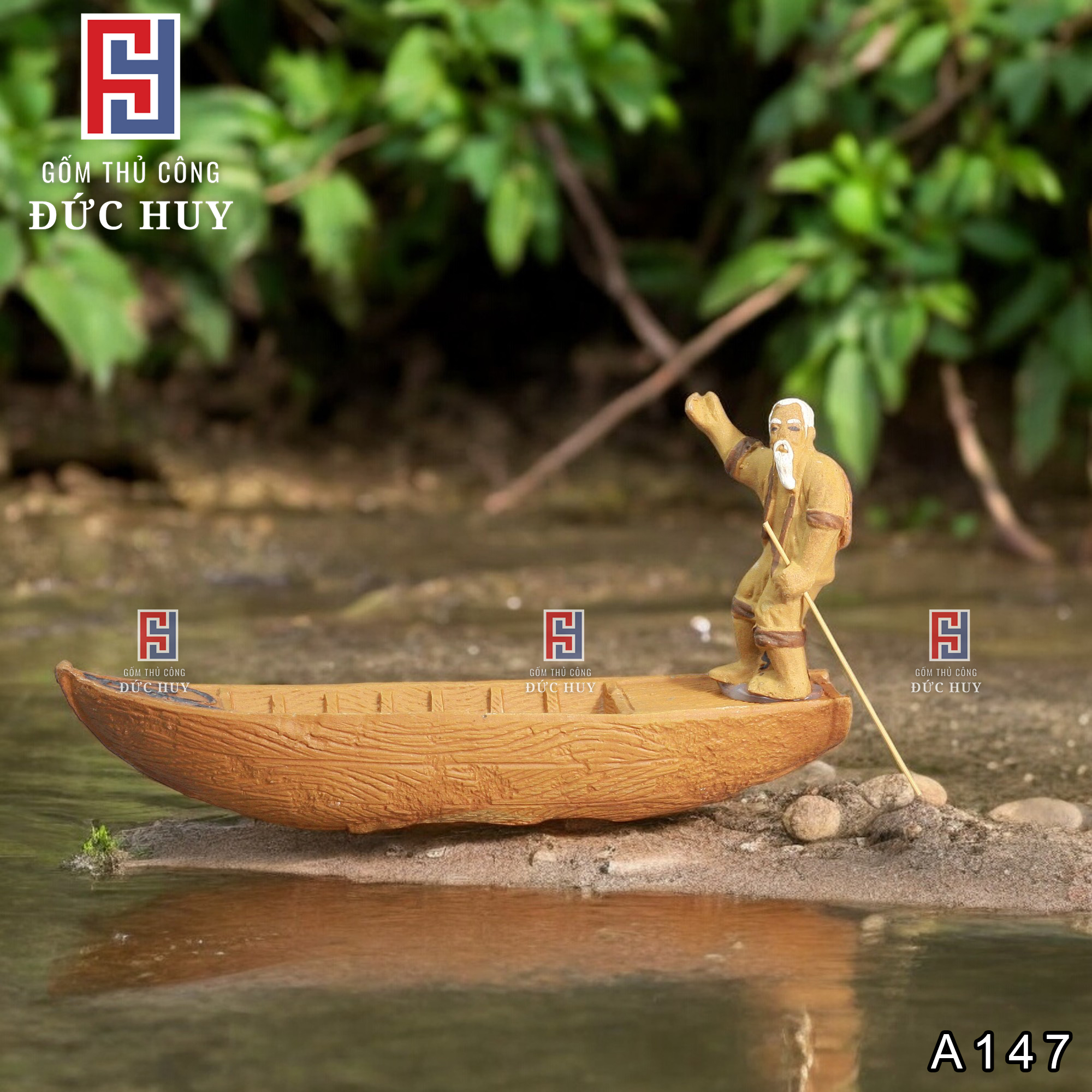 Tượng Gốm Lão Chèo Thuyền - Trang Trí Hòn Non Bộ - Tiểu Cảnh - Bể Cá