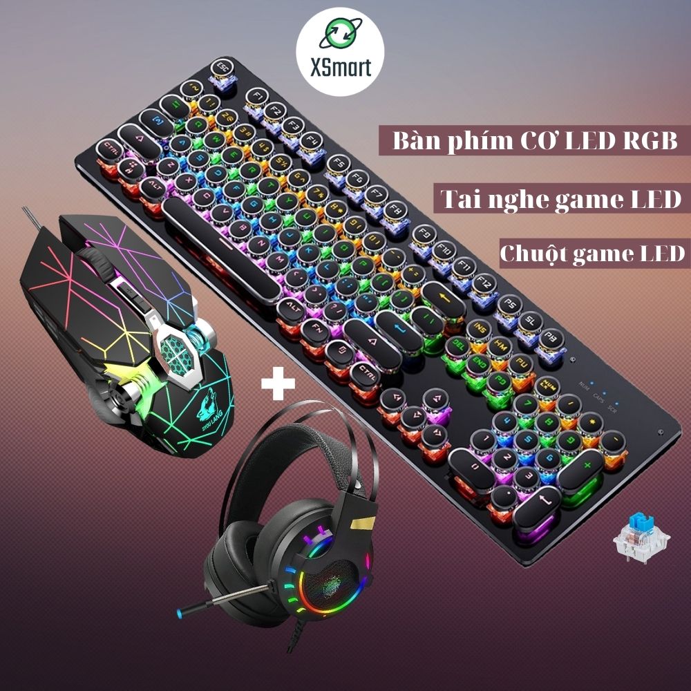 COMBO bàn phím cơ kèm chuột và tai nghe chụp tai headphone gaming LED RGB chơi game đổi màu siêu đẹp T907+V8 tia sét+K3 dùng cho máy tính, laptop, pc