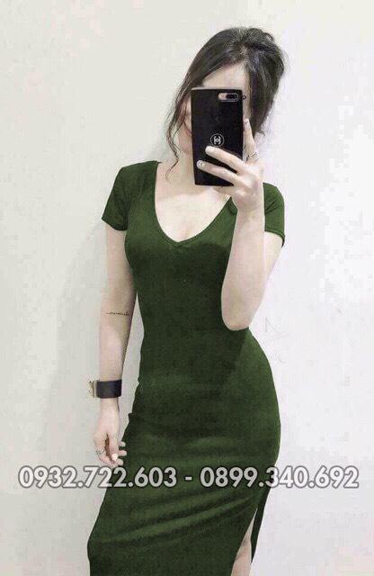 Đầm ôm body cổ tim, chất thun gân co giãn, freesize<54kg