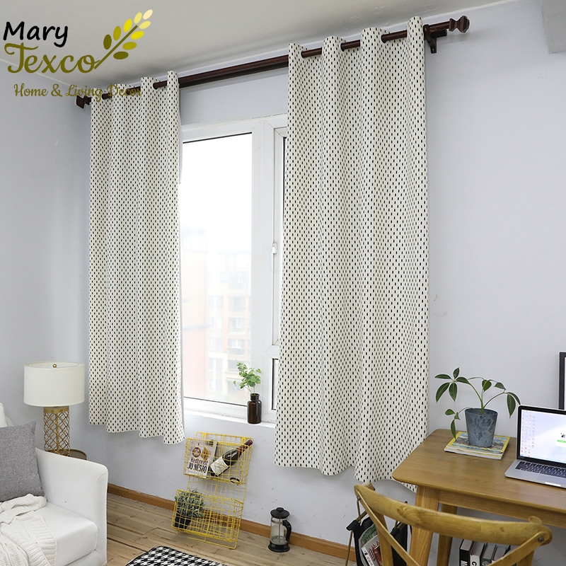 Rèm cửa Mary Texco đẹp vải bố linen trang trí nhà cửa  giá tốt, hoàn thiện đục lỗ ô rê, ốp khoen nhựa trắng D45 mm - họa tiết Thông đen nền trắng -R-D02