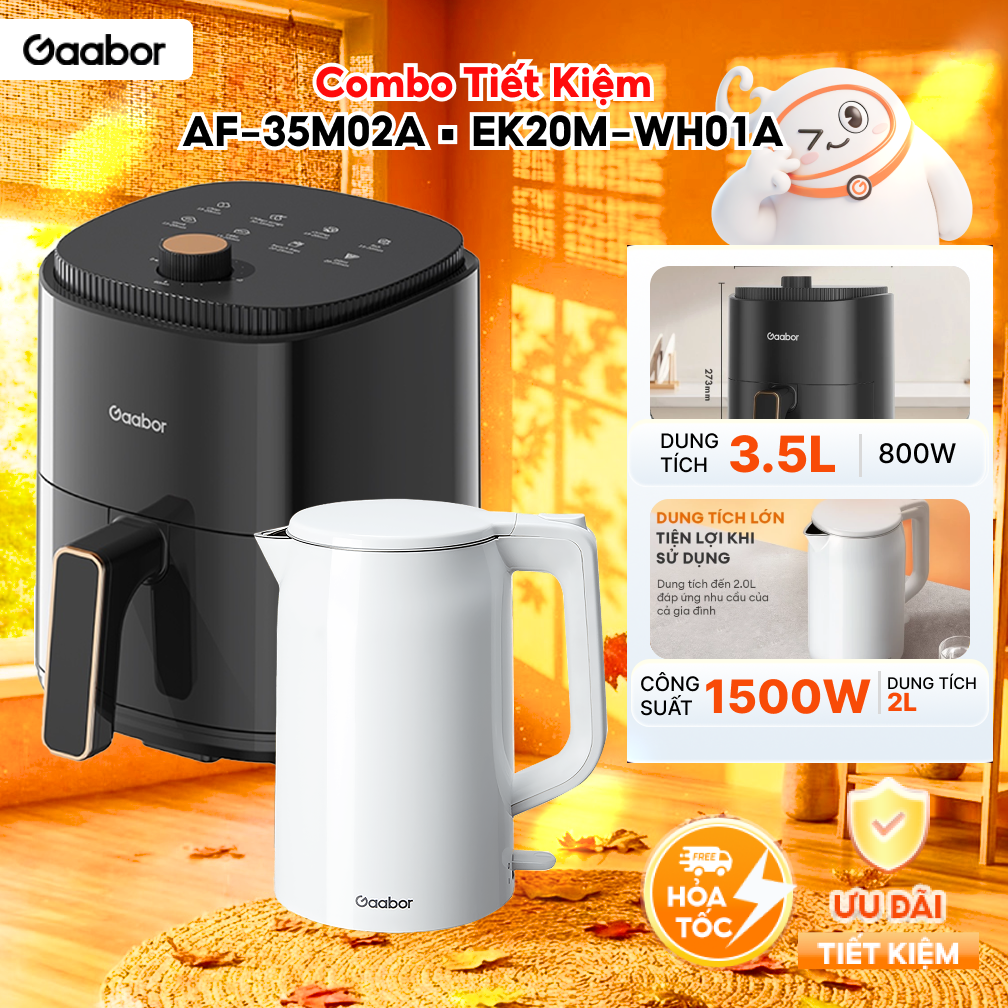 Combo 089 Nồi chiên không dầu dung tích 3.5L nhiệt đối lưu AF-35M02A và bình đun siêu tốc lòng 2L inox 304 EK20M-WH01A 2 lớp cách nhiệt an toàn - Bảo hành 12 tháng 1 đổi 1