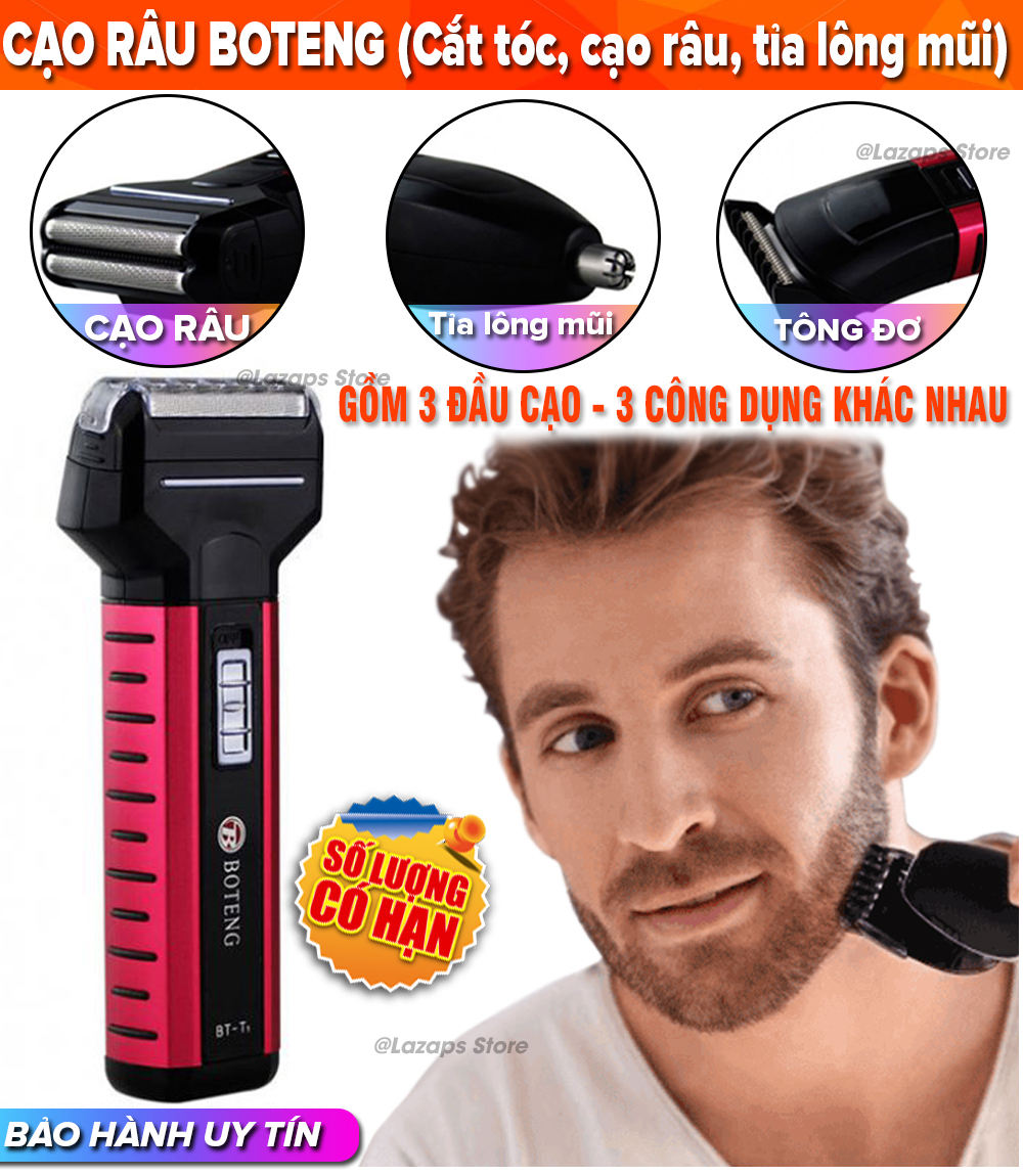 Máy cạo râu BOTENG, Thiết kế 3 trong 1: đầu cạo râu, tông đơ và đầu tỉa lông mũi, Lưỡi dao kép bảo vệ cho da - Nhỏ gọn dễ sử dụng - Bảo hành 3 tháng