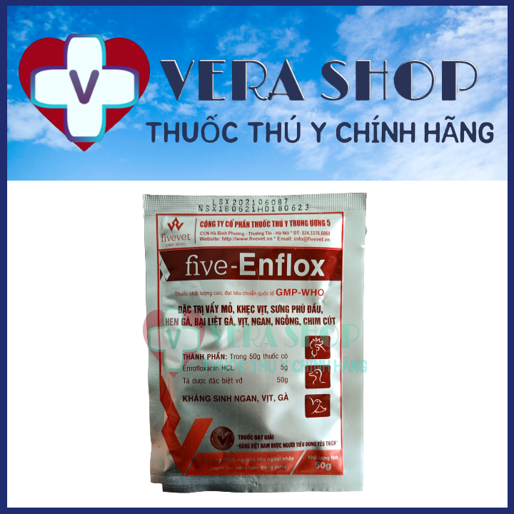 Fivevet enflox 50g - thuốc trị vảy mỏ, khẹc vịt, sưng phù đầu, hen gà, bại liệt gà, ngỗng, ngan, vịt, cút - sỉ lẻ thuốc thú y