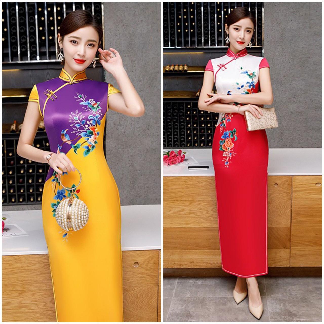 Sườn xám Lụa dài có hinh thât