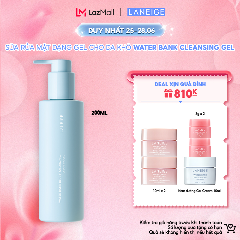 Sữa Rửa Mặt Dạng Gel Dịu Nhẹ Dành Cho Da Nhạy Cảm Và Da Khô Laneige Water Bank Blue Ha Cleansing Gel 200ml