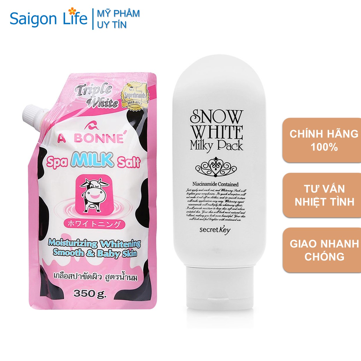 Combo Kem Dưỡng Trắng Snow White Secret Key 200ml và Muối Tắm Sữa Bò Tẩy Tế Bào Chết A Bonne 350g