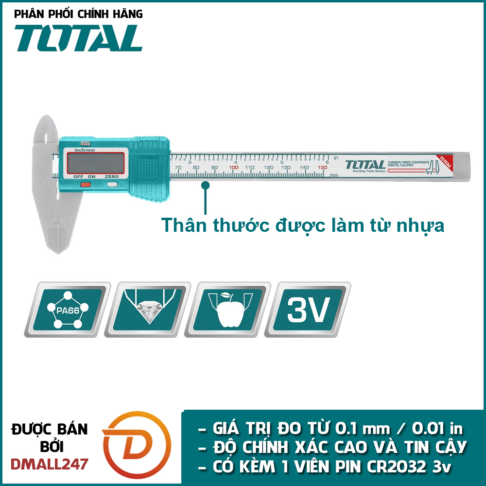 Thước kẹp điện tử thân nhựa 150mm total tmt331501 - kỹ thuật số, dùng pin cr2032, độ chính xác cao, đo từ 0.1mm - dmall247