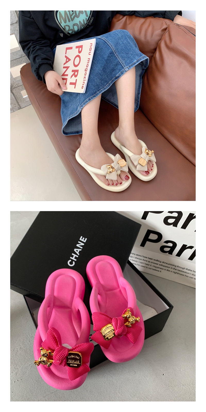 Dép sandal moosii hàn quốc đế mềm trọng lượng nhẹ đính nơ và gấu dễ thương hàng có sẵn