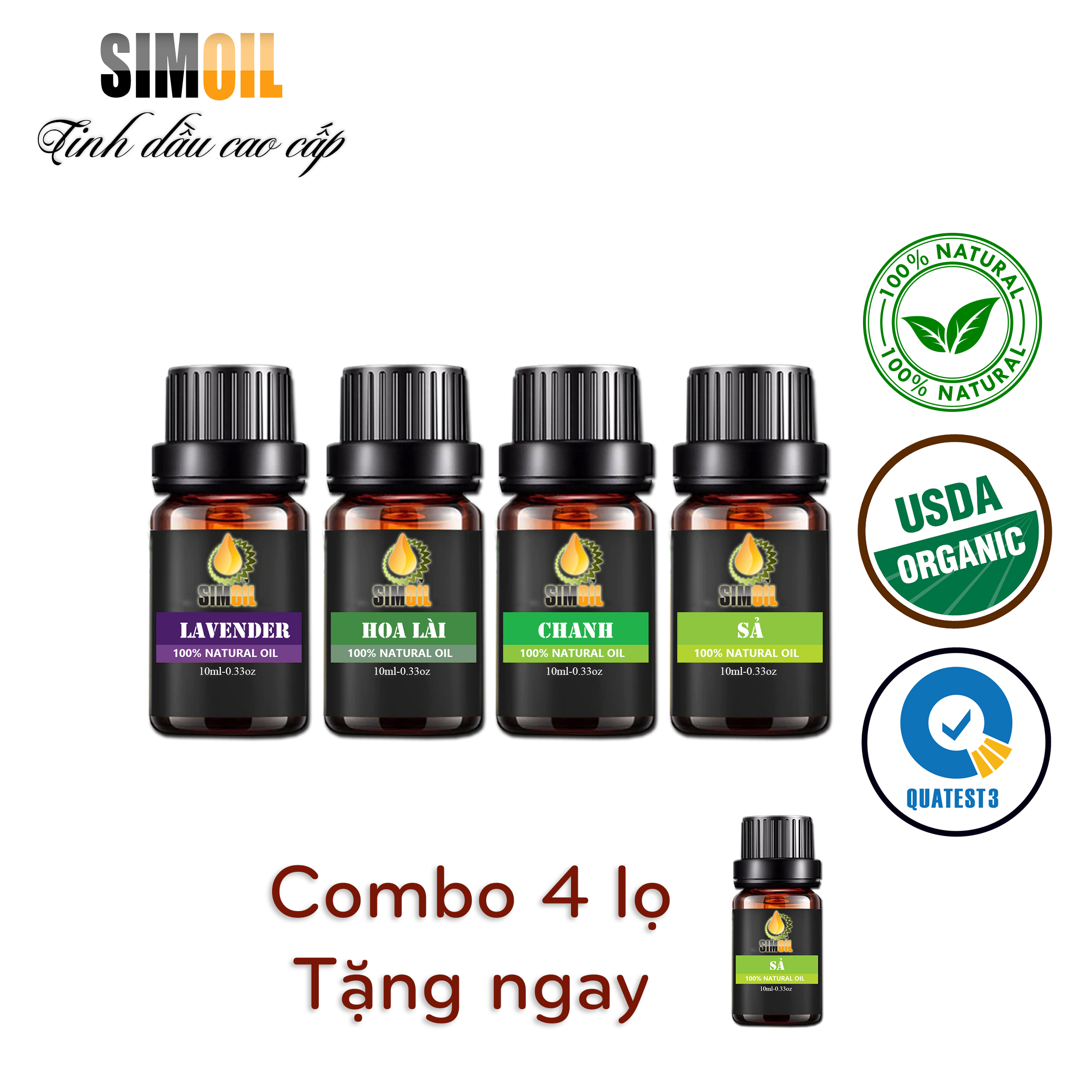 [Mua 4 tặng 1] Combo 4 lọ Tinh dầu thơm phòng cao cấp hương Lavender, Lài, Chanh, Sả Lọ 10ml, dùng cho máy xông tinh dầu, máy khuếch tán tinh dầu, máy tạo ẩm, máy phun sương, xông phòng, đuổi muỗi, khử mùi hiệu quả