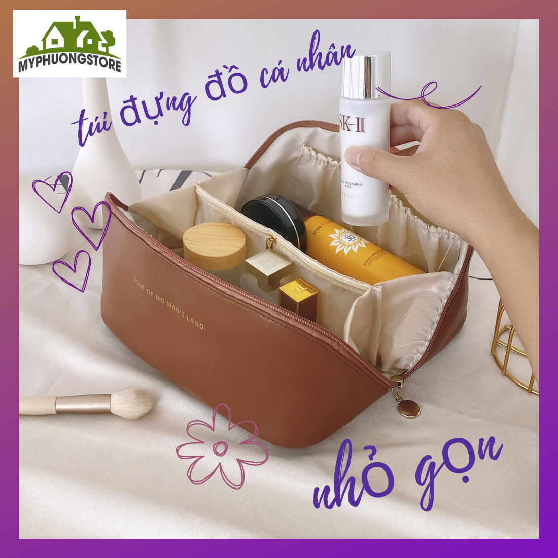 Túi đựng mỹ phẩm makeup, túi đựng đồ cá nhân chất liệu da PU nhiều ngăn đựng được cả thế giới mang đi du lịch