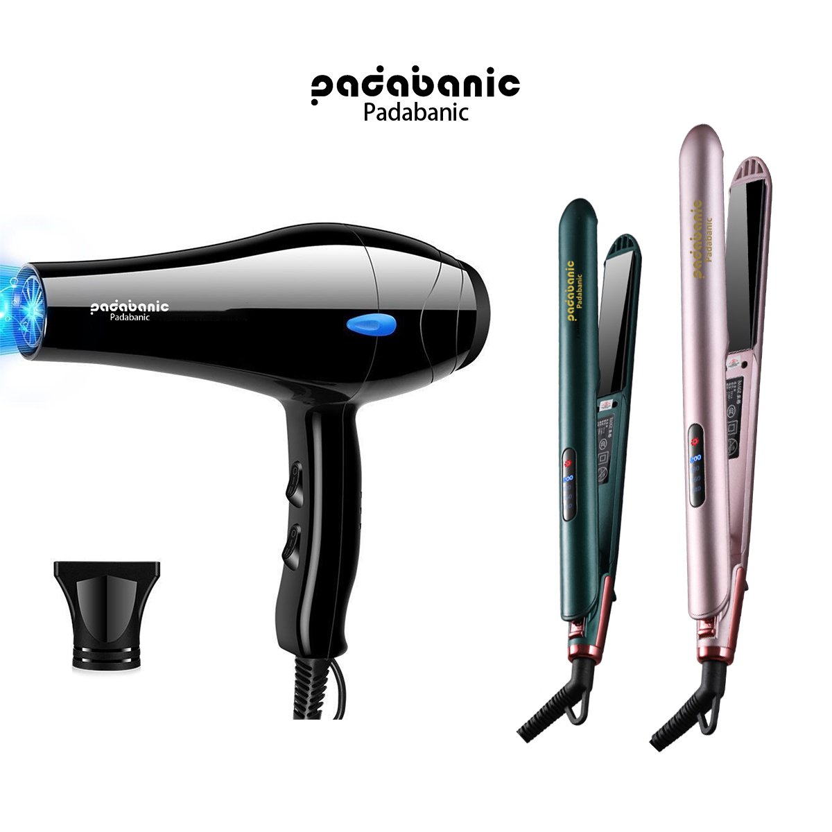 Máy uốn duỗi tóc padabanic 2216 và máy sấy tóc phát sáng ion xanh tặng kèm đầu sấy