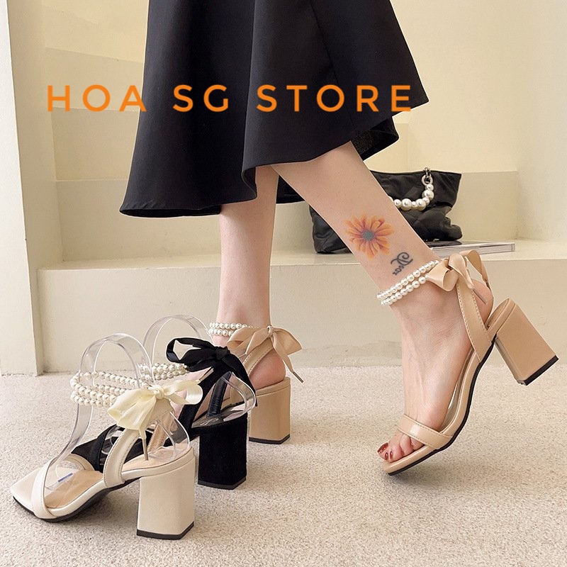 Giày cao gót nữ đế vuông thắt nơ lụa gót cao 5cm, giày sandal quai ngang 5 phân quai ngọc công sở bánh bèo tiểu thư