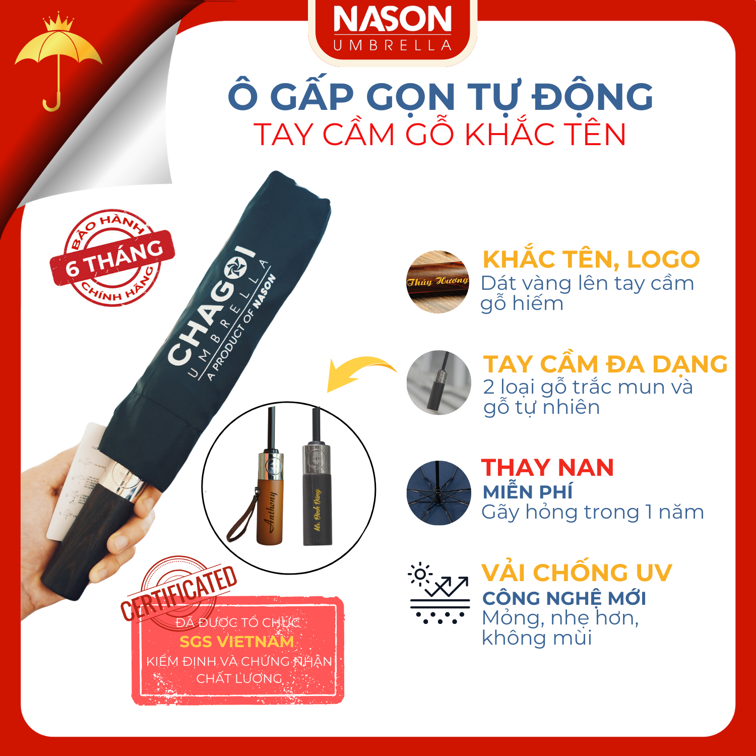 Ô dù tự động gấp gọn thông minh 2 chiều Chagoi Nason Umbrella - Cán gỗ hiếm KHẮC TÊN dát vàng theo yêu cầu - Che nắng che mưa - Vải chống thấm nước