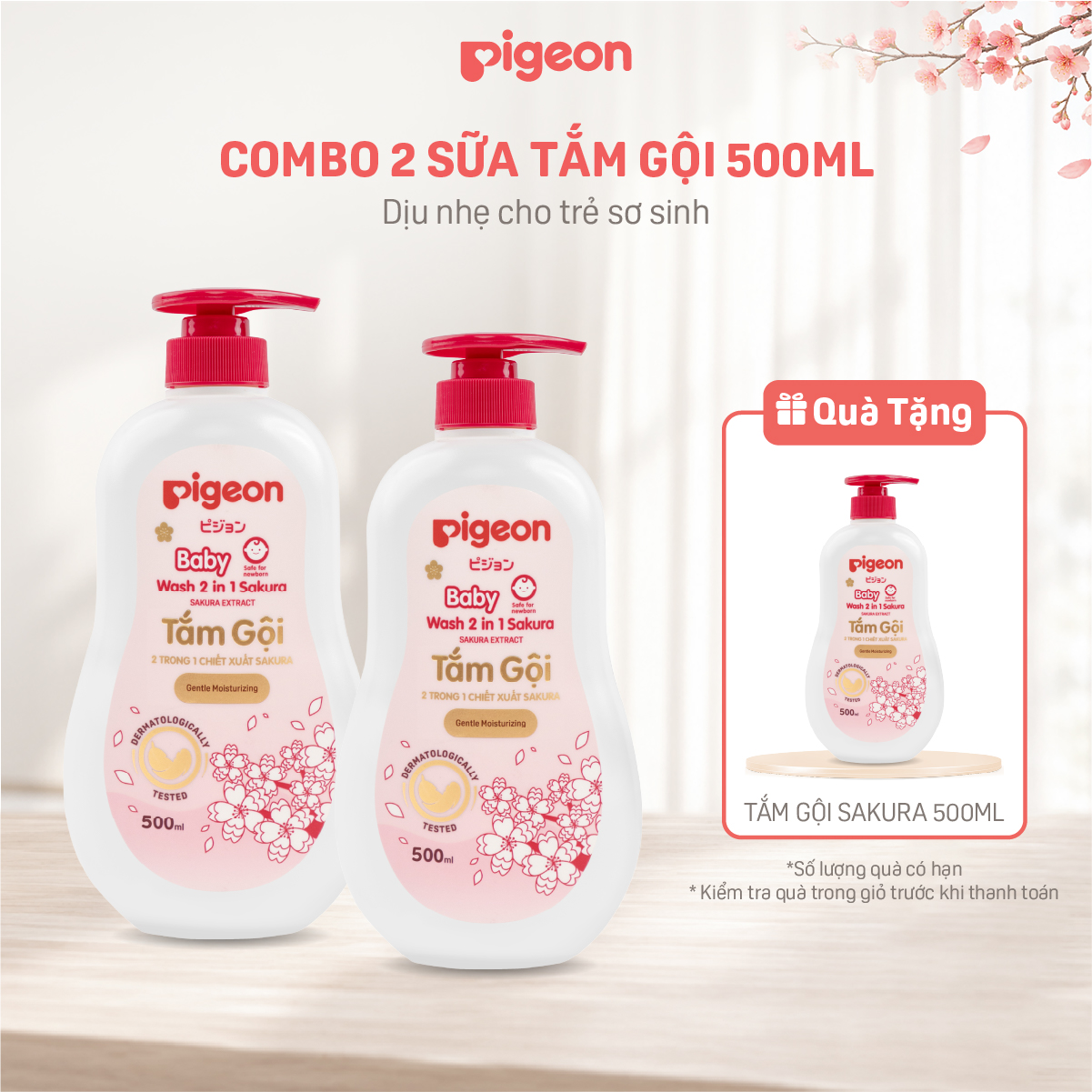 [TẶNG 1 TẮM GỘI 500ML] Combo 2 Sữa Tắm Gội Dưỡng Ẩm Cho Bé Pigeon 500ml Dịu Nhẹ Mềm Mại An Toàn Cho Da